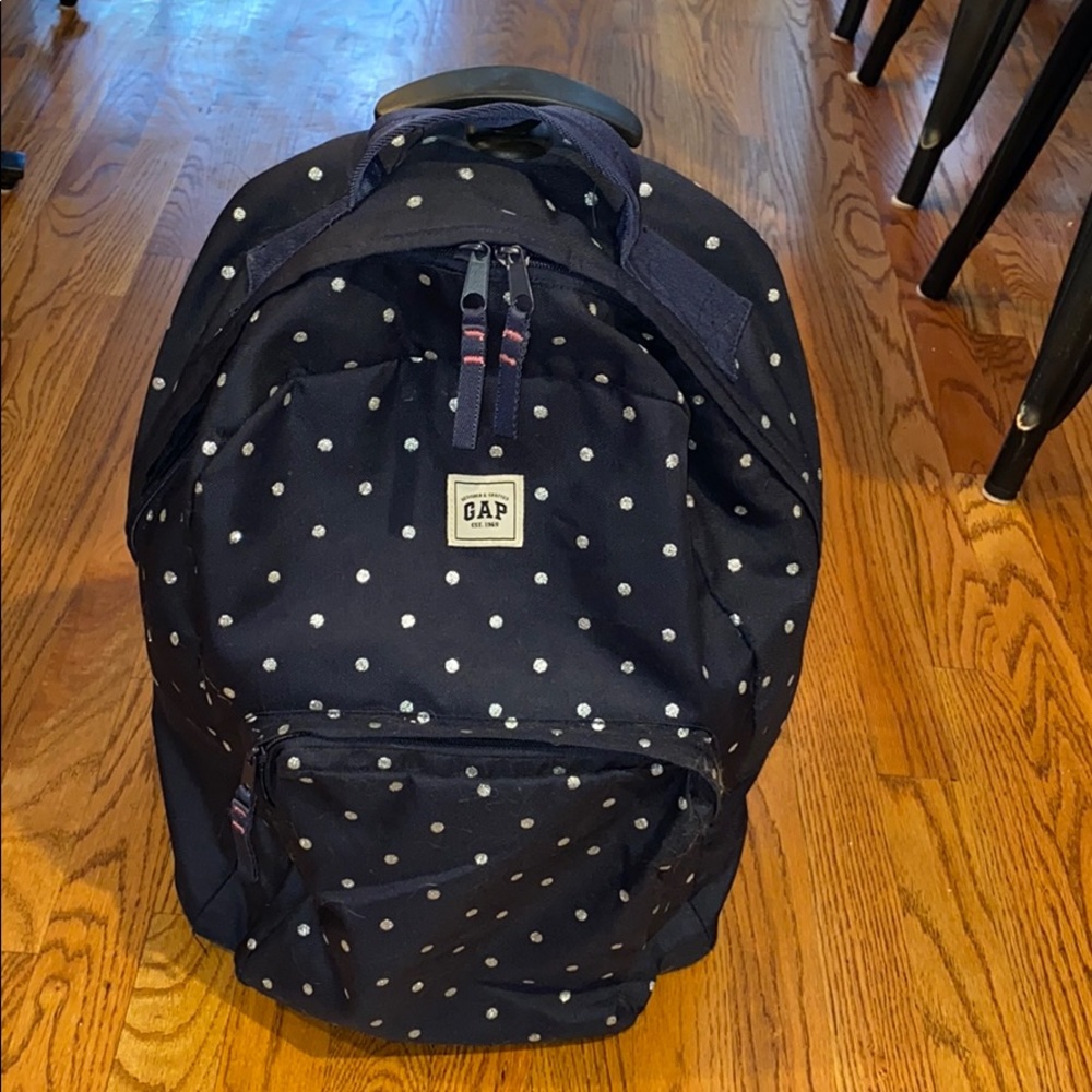 GAP Rolling Backpack.  Navy and Silver polka dots.